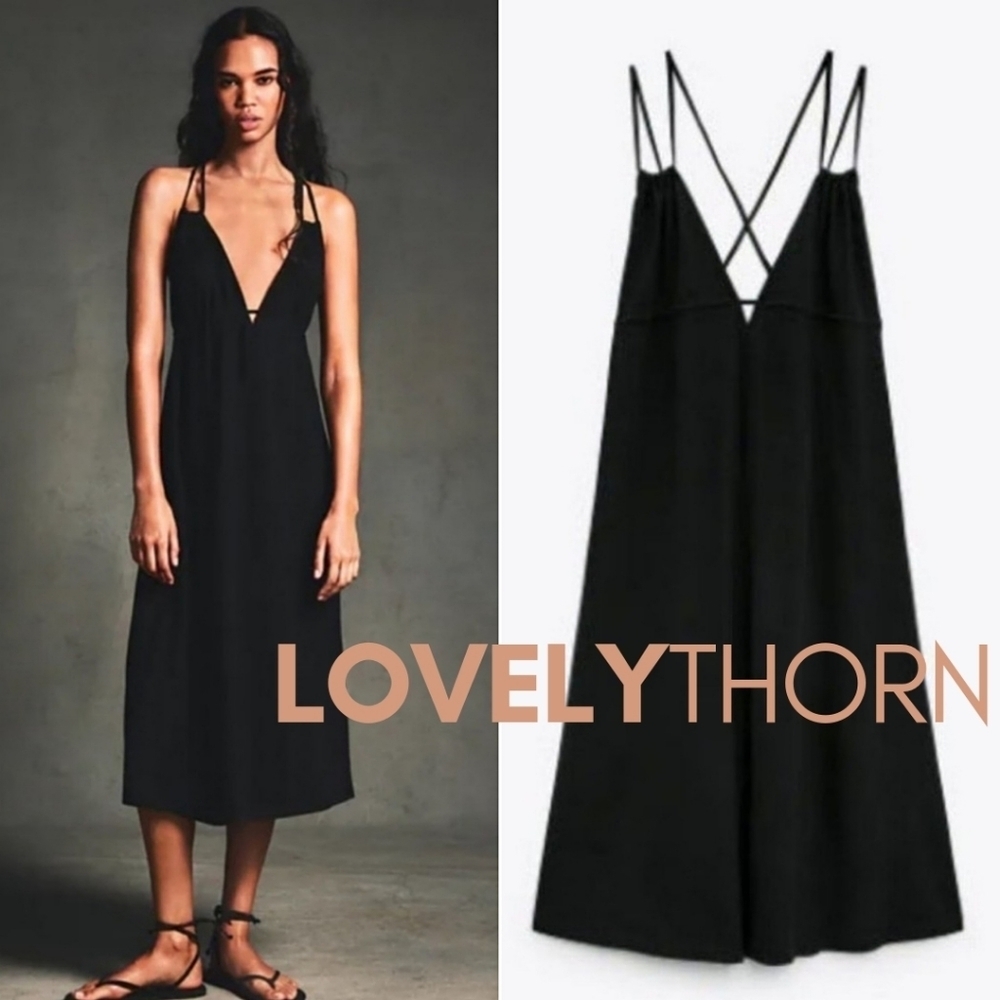 ZARA // black strappy plunge open back goddess midi dress - Picture 4 of 16